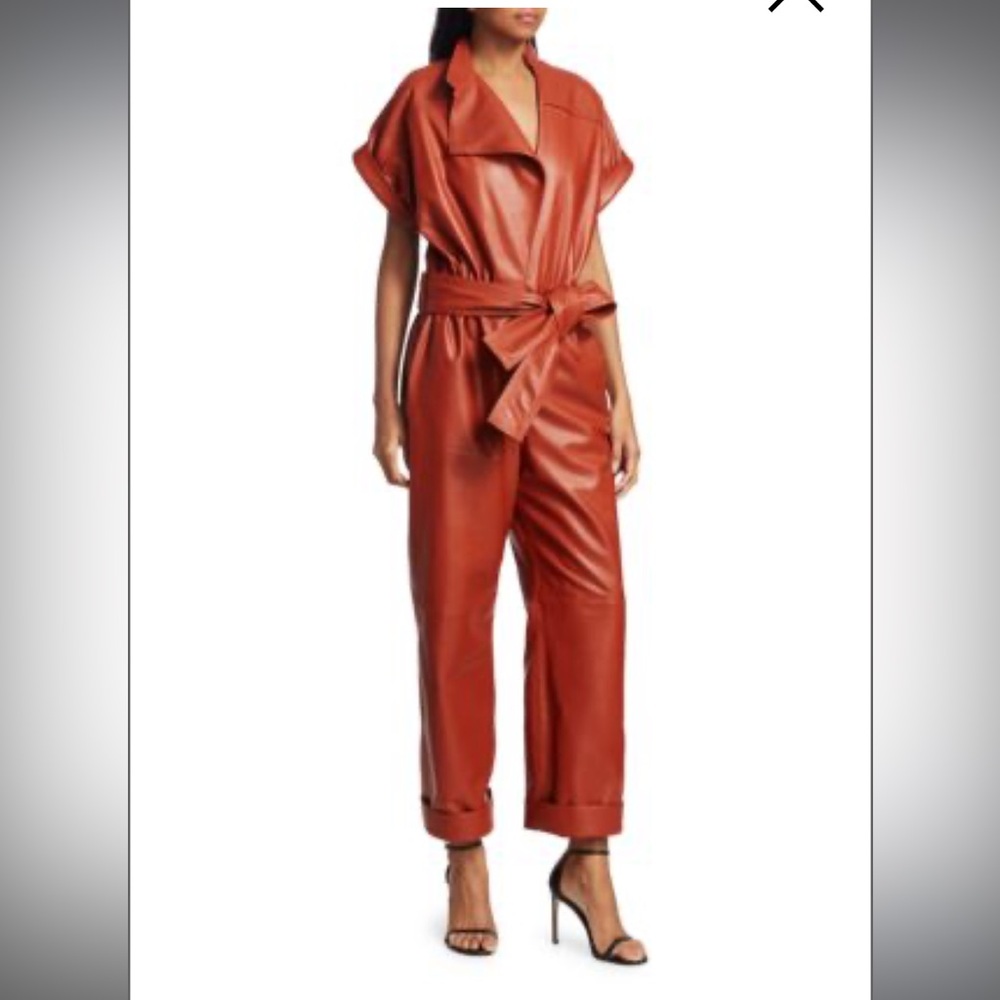 Oscar De La Renta Belted leather Women's Rust Jumpsuit